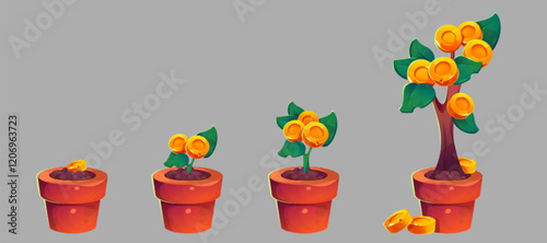 Money tree growth set isolated on background. Vector cartoon illustration of flower pot with golden coins and sprout growing to plant, successful investment, finance management, business development