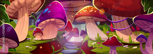 Magic mushroom forest landscape - giant colorful toadstools with glowing spots, winding stone path through mystical grove. Fantasy woodland scene with vibrant caps, green grass, tiny luminous flowers.