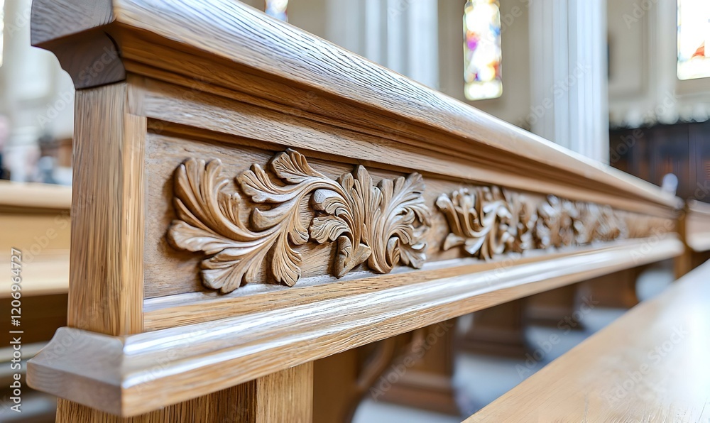 Intricate Woodwork of a Church Pew Leg, showcasing detailed carvings and craftsmanship, highlighting the beauty of handcrafted furniture.