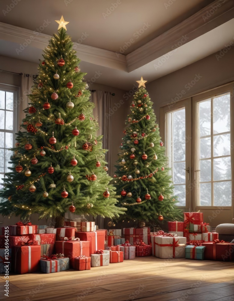A large Christmas tree with multiple presents beneath it, arrangement, pile, wrapping paper A large Christmas tree with multiple presents beneath it, arrangement, pile, wrapping paper