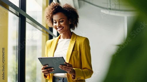 The Woman with Tablet Smiling
