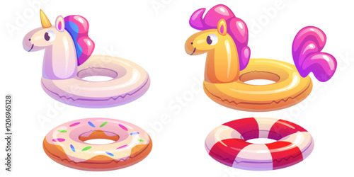 Pool ring collection set - inflatable unicorn floater, yellow horse swim tube, donut with colorful sprinkles, striped lifebuoy in red and white pattern. Summer beach activities swimming accessory.