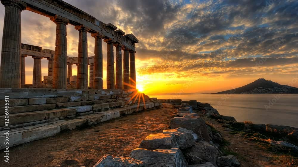 Sunset illumination of the ancient Greek temple of Poseidon at Cape Sounion, Ancient Greek temple of Poseidon at sunset on cape Sounion Athens Greece