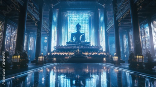 Futuristic Buddha Temple with Neon Lights photo