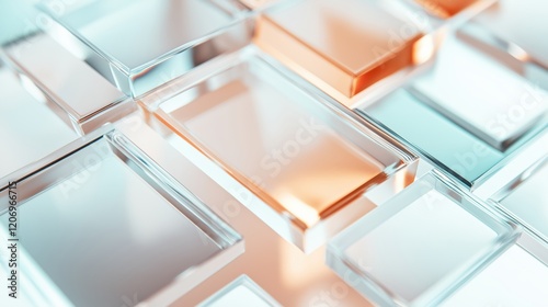Colorful glass rectangles arranged in a geometric pattern on a bright background.