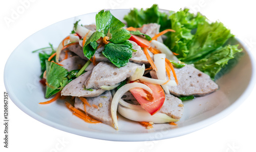 Center focus image of Thai food, spicy pork sausage salad on white background.