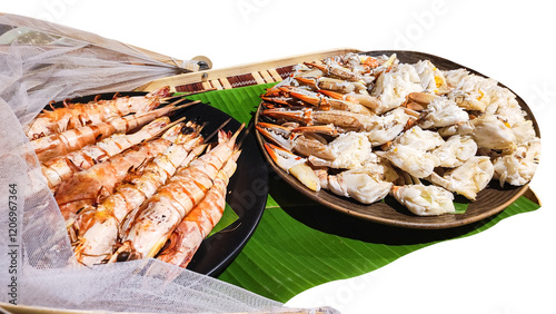 Steamed Blue swimming crab, Flower crab, Blue crab on brown plate and Grilled Lobsters on black plate on white background.seafood style