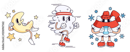 Weather character doodle collection - crescent moon surrounded by stars, jogging wind personage, winter snow cloud mascot wearing scarf and knitted hat drinking hot beverage. Cartoon climate elements.