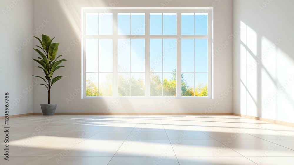 Fototapeta premium Bright room with large windows and a potted plant for a fresh, airy atmosphere.