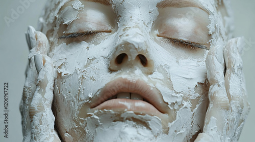 a woman with white clay on her face photo