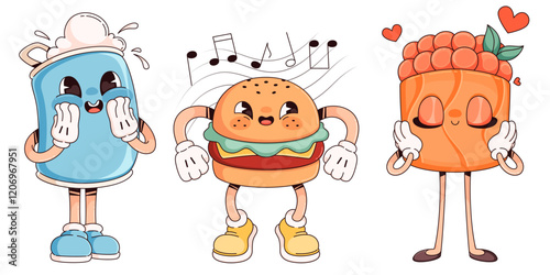 Fastfood cartoon character collection - fizzy drink can with splashing foam, happy hamburger with lettuce and cheese, sushi roll with salmon topped with fish caviar and hearts. Cute snack mascots.