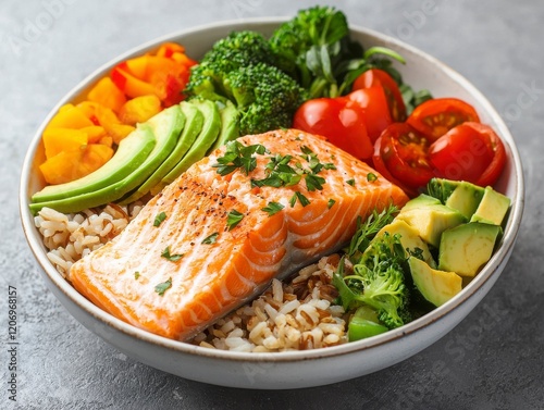 Healthy Salmon Bowl with Fresh Vegetables and Rice