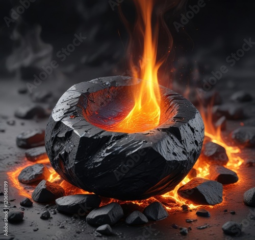 A black stone is placed on a dark background with a burning ember at its center, fire, black stone