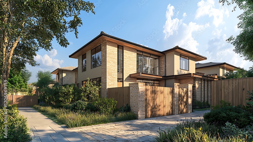 Raw photographic depiction of an elegant house with cedar wood fencing and sand-colored bricks. Raw photographic depiction of an elegant house with cedar wood fencing and sand-colored bricks.