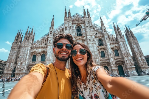 A couple enjoying their Italian vacation, standing in front of the Duomo Cathedral in Milan and taking a selfie to commemorate their adventure.
