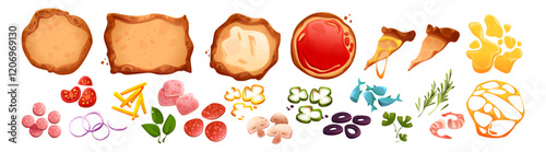 Pizza top cartoon ingredient set - crispy crusts with different sauces, melted cheese stretches, sliced vegetables, mushrooms, seafood toppings and herbs. Colorful Italian menu components collection.
