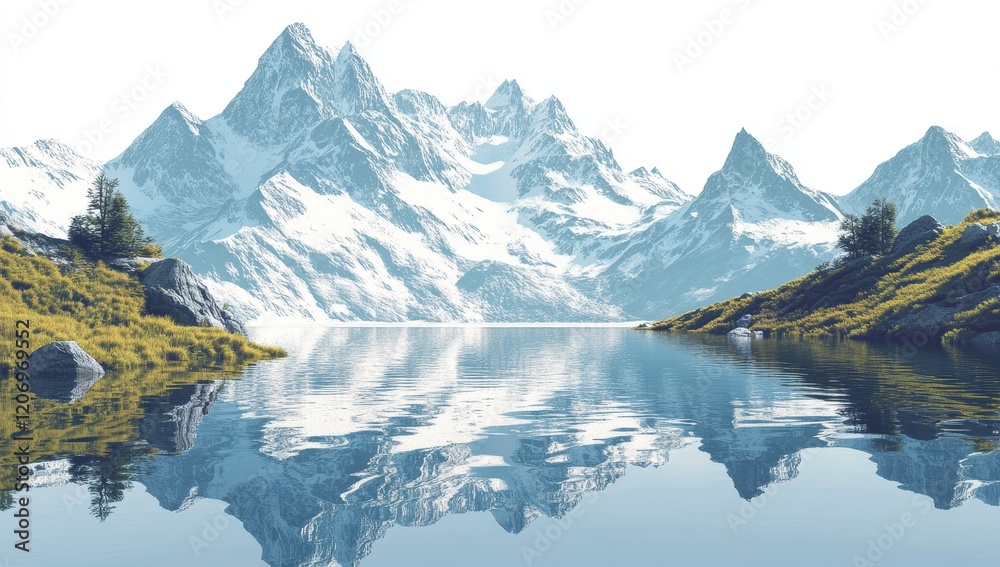 Fototapeta premium Serene mountain lake reflecting snow-capped peaks. (1)