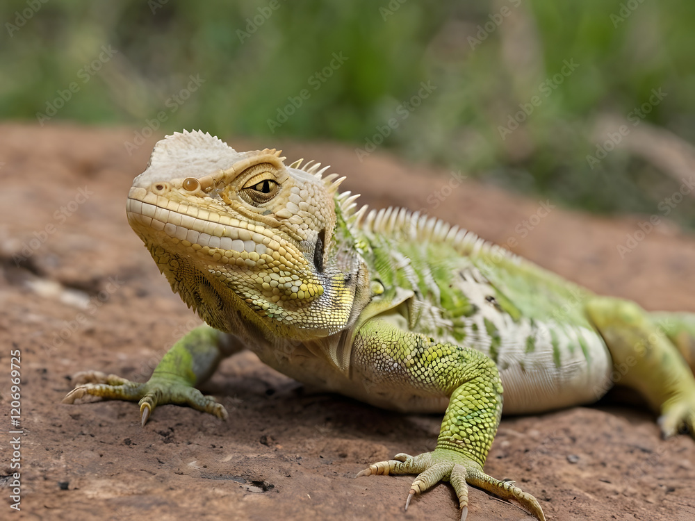 Close-up of a iguana resting on a rock, showcasing its detailed scales, vibrant coloration, and unique reptilian features in a natural outdoor setting Close-up of a iguana resting on a rock, showcasing its detailed scales, vibrant coloration, and unique reptilian features in a natural outdoor setting