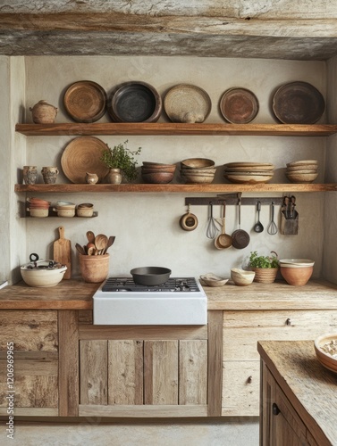 Rustic Kitchen With Earthenware Pottery and Wooden Shelving
