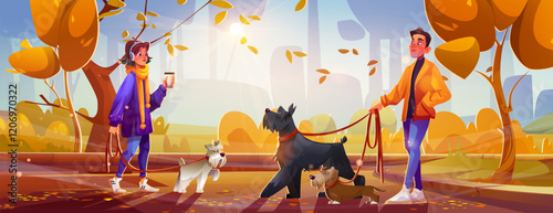 People walking dogs in autumn park - cityscape scenery with falling leaves, golden trees and sunny garden background. Characters during morning stroll with pets. Cute fall season illustration.