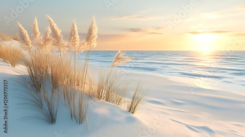 Fototapeta Naklejka Na Ścianę i Meble -  Beach sunset serene grasses dune landscape calmness postcard