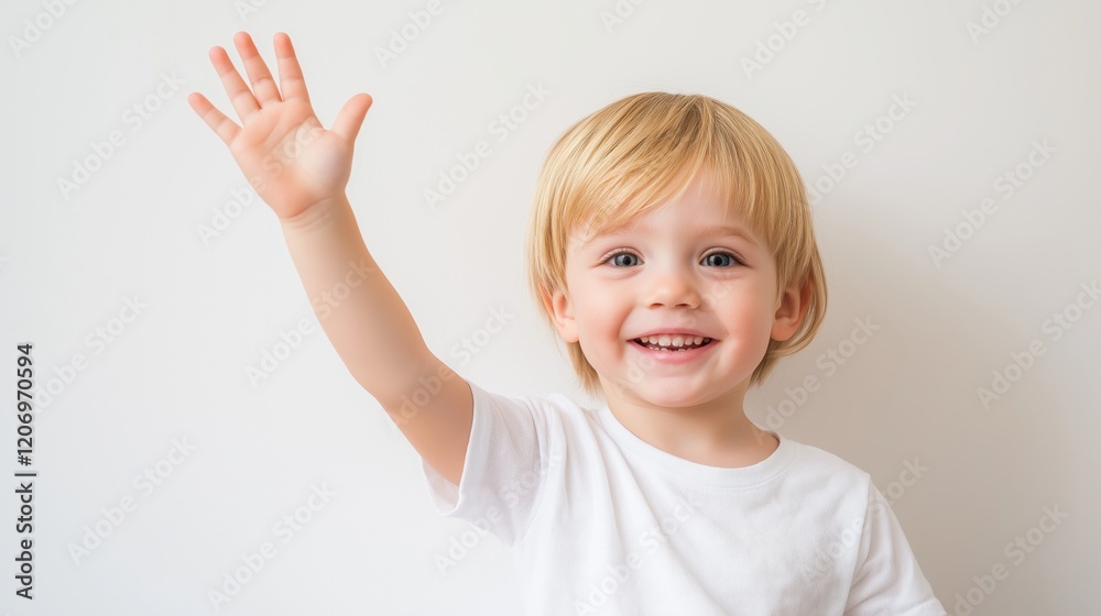 Smiling young boy waves happily in bright indoor setting with simple background. Smiling young boy waves happily in bright indoor setting with simple background.