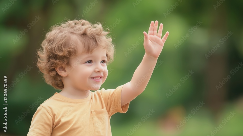 Young child with curly hair waving cheerfully in a green park during daytime. Young child with curly hair waving cheerfully in a green park during daytime.
