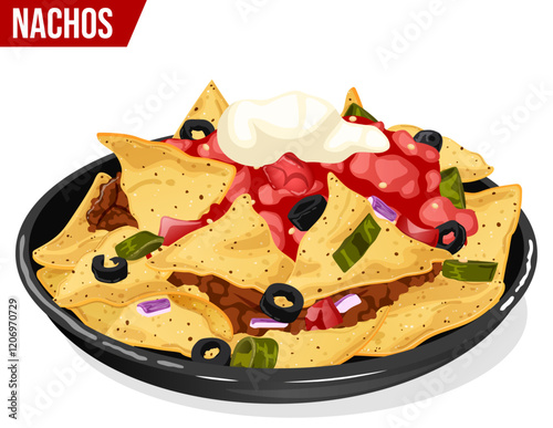 Nachos Plate Isolated. Tortilla Chips with Ground Beef, Spicy Salsa, Sour Cream, Olives, Jalapenos, Onions & Tomatoes. Traditional Tex-Mex Cuisine