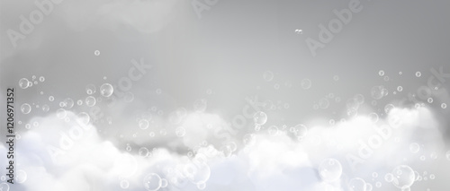 Foam bubbles floating on white suds backdrop on gray steam background. Transparent spherical shapes in bathroom. Delicate soap pearls rising through misty interior for cosmetic product design.