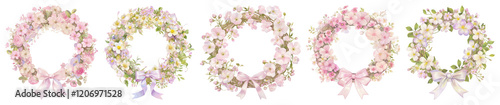 PNG Coquette floral wreaths with ribbons set, isolated on transparent background
