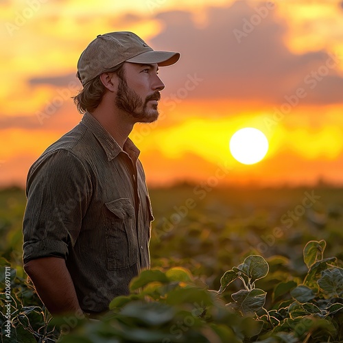 A man farmer of the land with an agronomist style, wearing a cap and gazing hopefully at the horizon during a serene sunset.