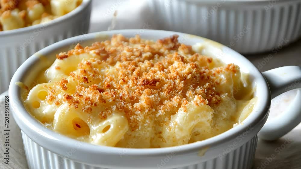 Creamy baked macaroni and cheese topped with golden breadcrumbs in a serving dish, Creamy baked macaroni and cheese with golden breadcrumbs in white ramekin Creamy baked macaroni and cheese topped with golden breadcrumbs in a serving dish, Creamy baked macaroni and cheese with golden breadcrumbs in white ramekin