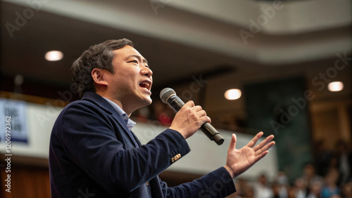 Man speaking passionately into microphone at event, engaging audience photo