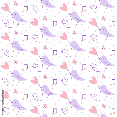 Vector flat cute romantic Valentines day, love season or pastel children seamless pattern with bird and flower,music notes, butterfly or dragonfly.

