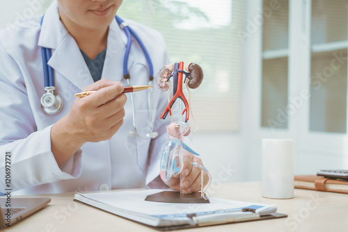 Male doctor treating male urinary tract diseases, providing consultations at a hospital,discussing urinary tract models,diagnosing urethritis,prostatitis,cystitis, pyelonephritis,offering effective photo