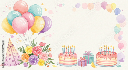 Festive Watercolor Birthday Party Design Balloons Cakes Gifts Flowers