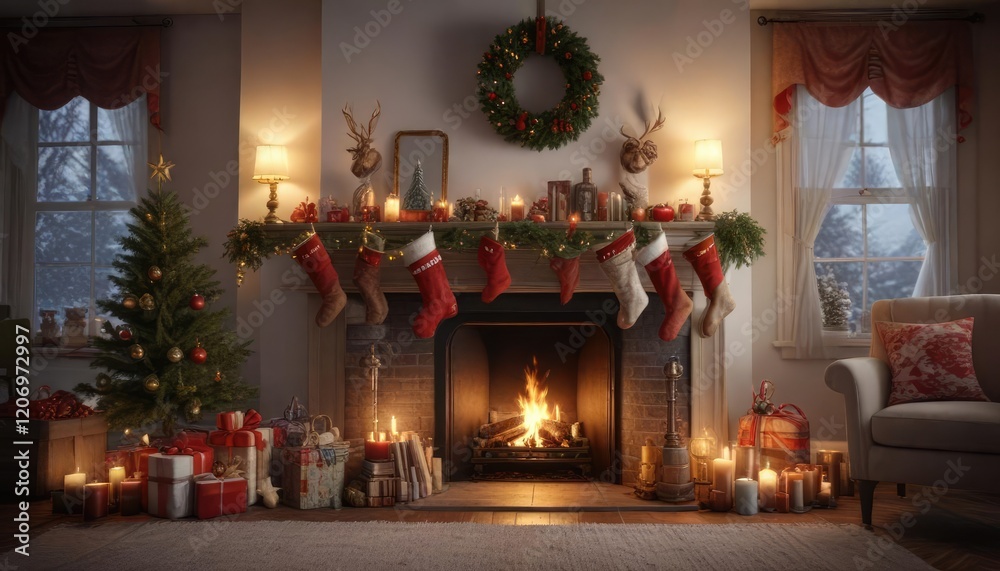 Fototapeta premium A festive holiday scene with a decorated fireplace and stockings hanging from the mantel , seasonal traditions, festive scene, merry mood