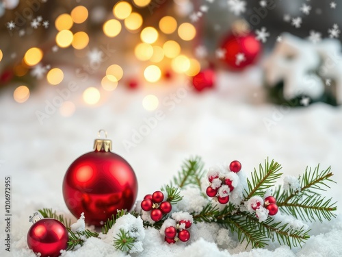 A festive Christmas background with red and green decorations, snowy pine branches, golden ornaments, and twinkling lights, holiday, snow, background photo