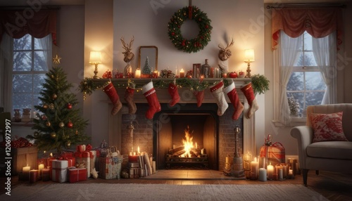 Wallpaper Mural A festive holiday scene with a decorated fireplace and stockings hanging from the mantel , seasonal traditions, festive scene, merry mood Torontodigital.ca
