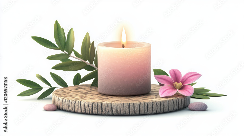 delicate candle flame illuminates serene setting with pink flower and green leaves on wooden base, creating calming atmosphere perfect for relaxation delicate candle flame illuminates serene setting with pink flower and green leaves on wooden base, creating calming atmosphere perfect for relaxation