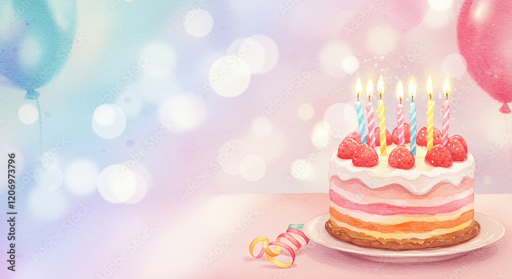 Festive Birthday Cake with Candles Balloons and Confetti Watercolor Illustration Festive Birthday Cake with Candles Balloons and Confetti Watercolor Illustration