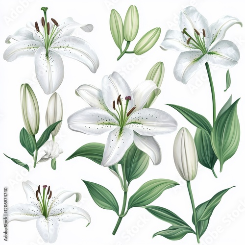 Collection of white lilies in various stages of bloom, buds, and leaves. photo