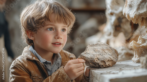 a boy holding a rock