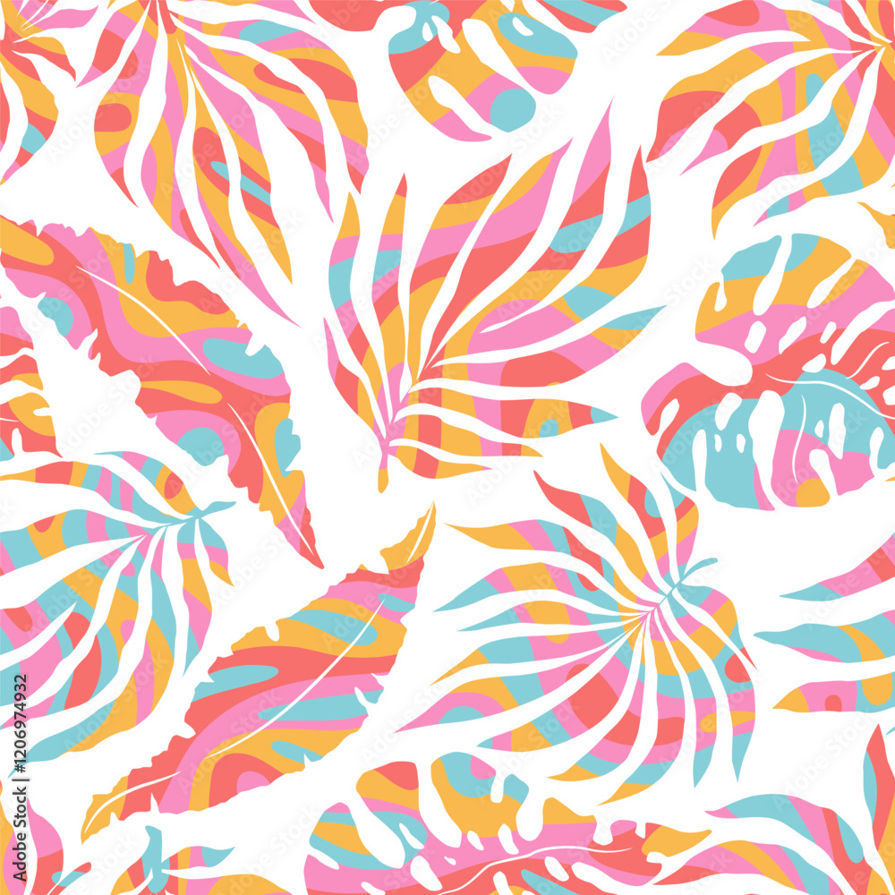 Vector illustration of groovy abstract monstera and palm leaves seamless pattern isolated on white background. Modern funky design tropical plant elements for sticker print, card Vector illustration of groovy abstract monstera and palm leaves seamless pattern isolated on white background. Modern funky design tropical plant elements for sticker print, card