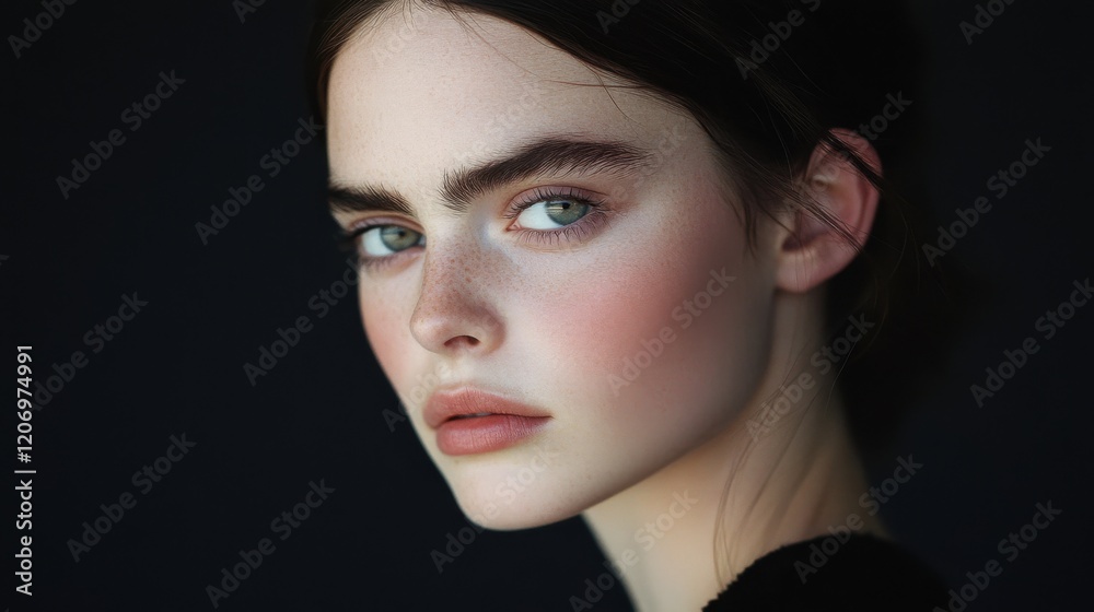 Fototapeta premium Closeup Portrait of a Young Woman with Freckles and Subtle Makeup Against a Dark Background