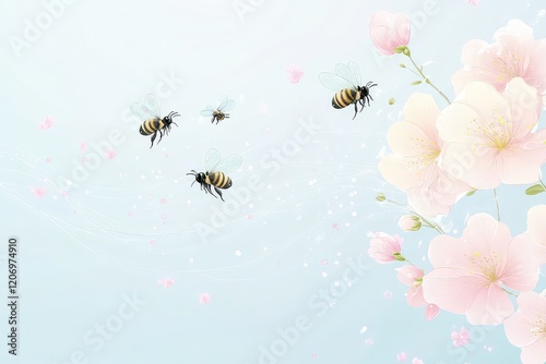 A creative vector with pastel-colored blossoms and stylized bees leaving dotted trails behind them. photo