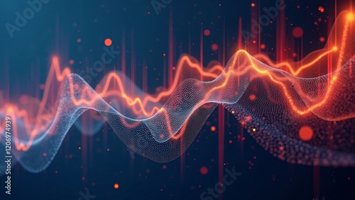 Abstract Digital Sound Wave with Glowing Red and Blue Particles