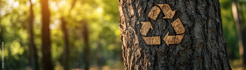 ** Eco-Friendly Concept with Recycle Symbol on Tree Trunk in Sunlit Forest Highlighting Environmental Conservation and Sustainability..** ** Eco-Friendly Concept with Recycle Symbol on Tree Trunk in Sunlit Forest Highlighting Environmental Conservation and Sustainability..**