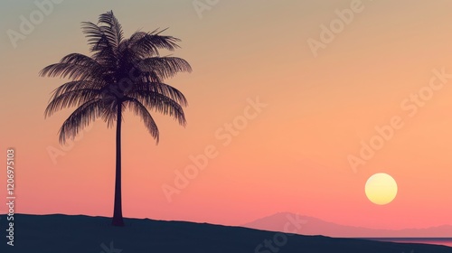 Tropical Sunset with Single Palm Tree Silhouette and Warm Sky