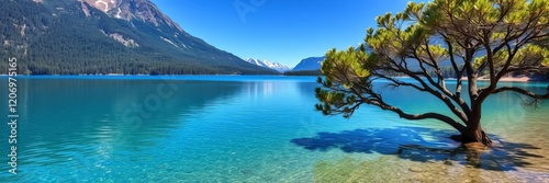 A majestic tree stands tall in the center of a pristine lake, with towering mountains in the background, clear, water, peaceful